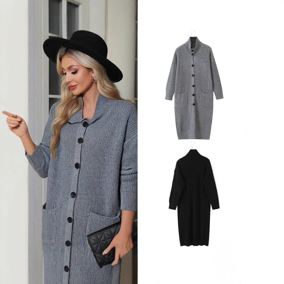Women Long Chunky Knit Cardigan with Shawl Collar, Button Placket and Patch Pockets Fashion Glam