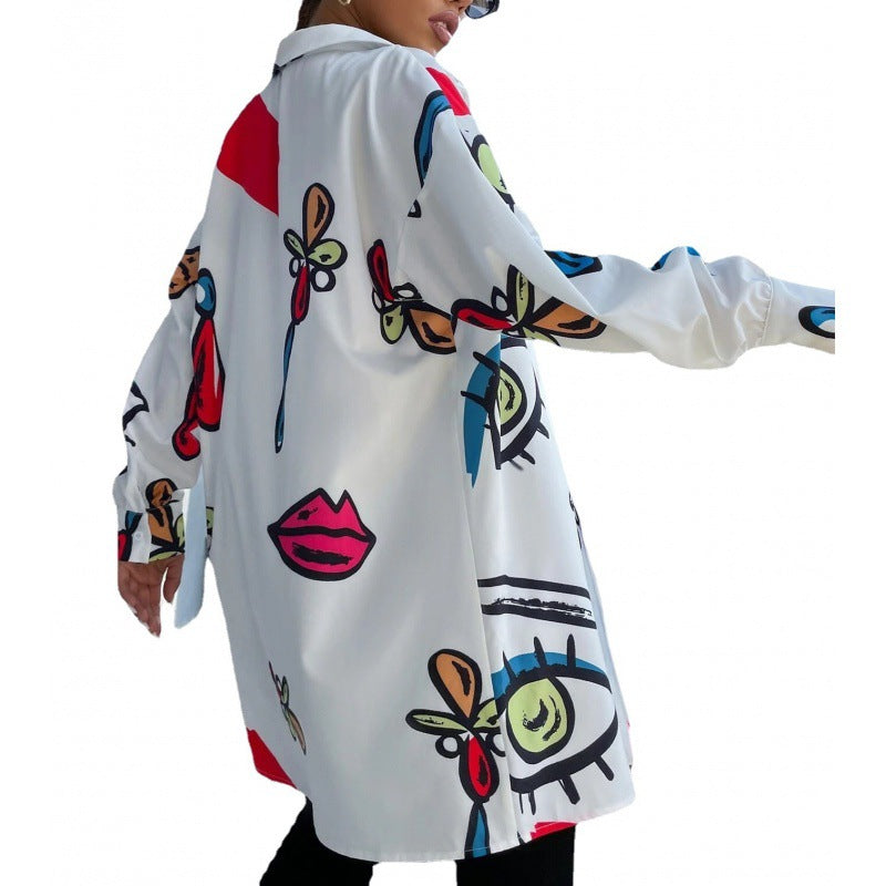 Women's Oversized Long Blouse with Pop Art Print, Shirt Collar and Continuous Button Placket Fashion Glam