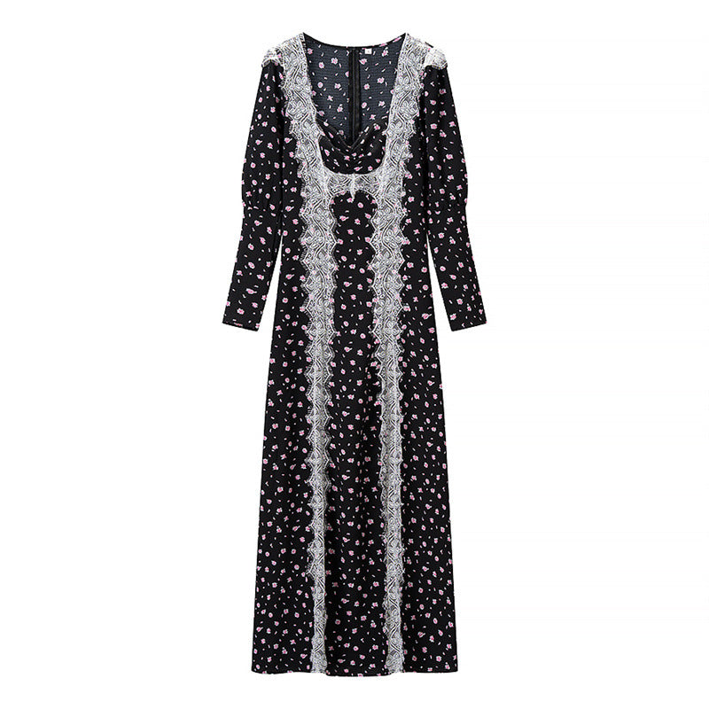 Women's Long Sleeve Maxi Dress with Lace Trimmings, Deep V-Neck and Floral All-Over Print Fashion Glam