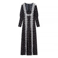 Women's Long Sleeve Maxi Dress with Lace Trimmings, Deep V-Neck and Floral All-Over Print Fashion Glam