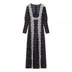 Women's Long Sleeve Maxi Dress with Lace Trimmings, Deep V-Neck and Floral All-Over Print Fashion Glam