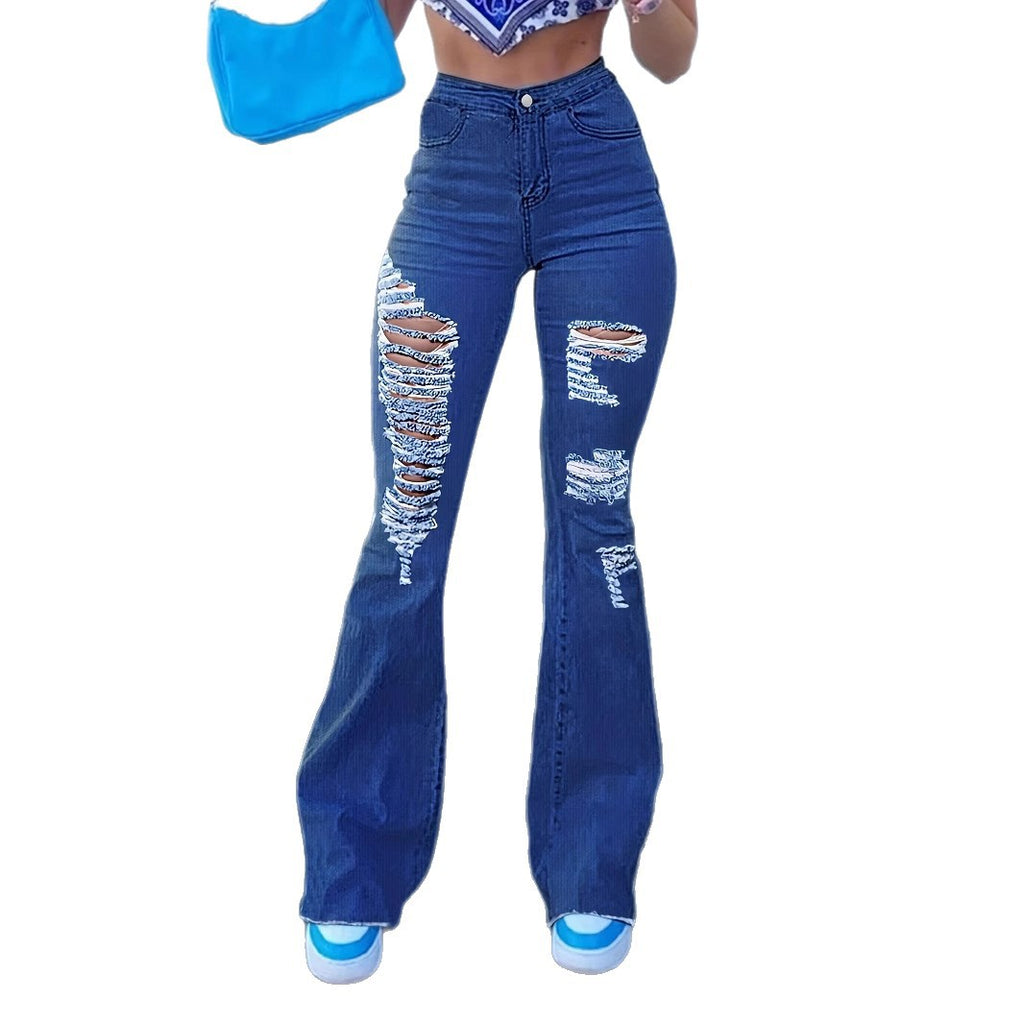 Ladies High-Waist Flared Jeans with large distressed rips and sculpting comfort waistband Fashion Glam