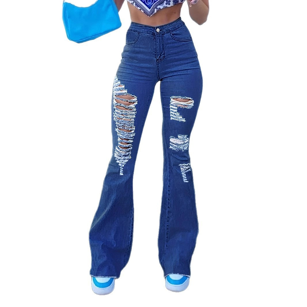Ladies High-Waist Flared Jeans with large distressed rips and sculpting comfort waistband Fashion Glam
