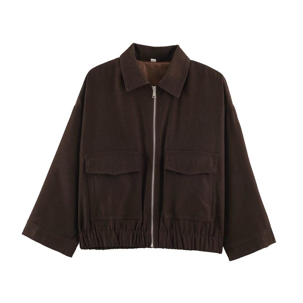 Women's Boxy Cropped Utility Jacket with Zipper Flap Pockets and Elastic Hem Fashion Glam