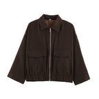 Women's Boxy Cropped Utility Jacket with Zipper Flap Pockets and Elastic Hem Fashion Glam