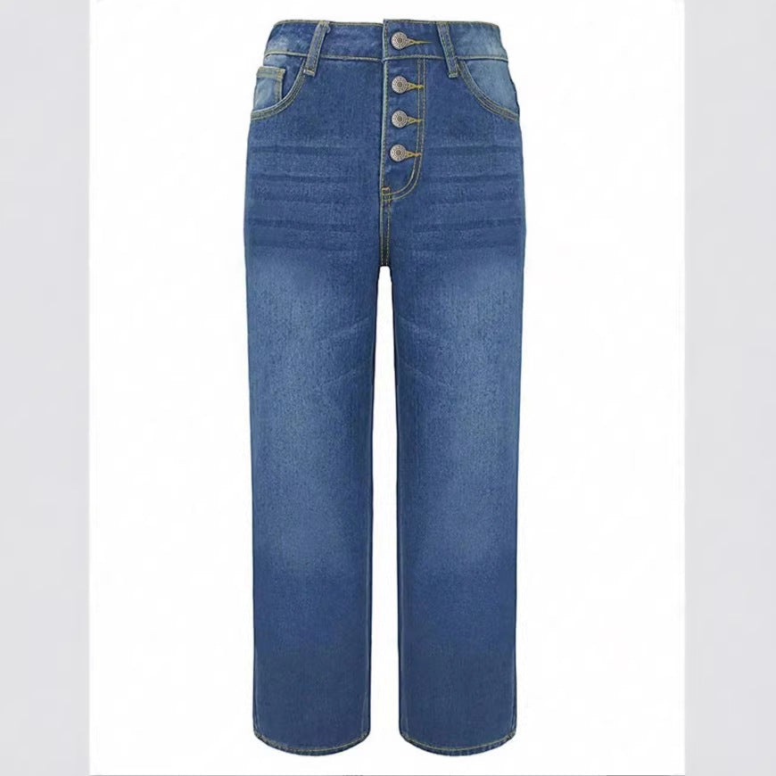 Women High-Waisted Cropped Jeans with Wide Straight-Leg Fit Fashion Glam