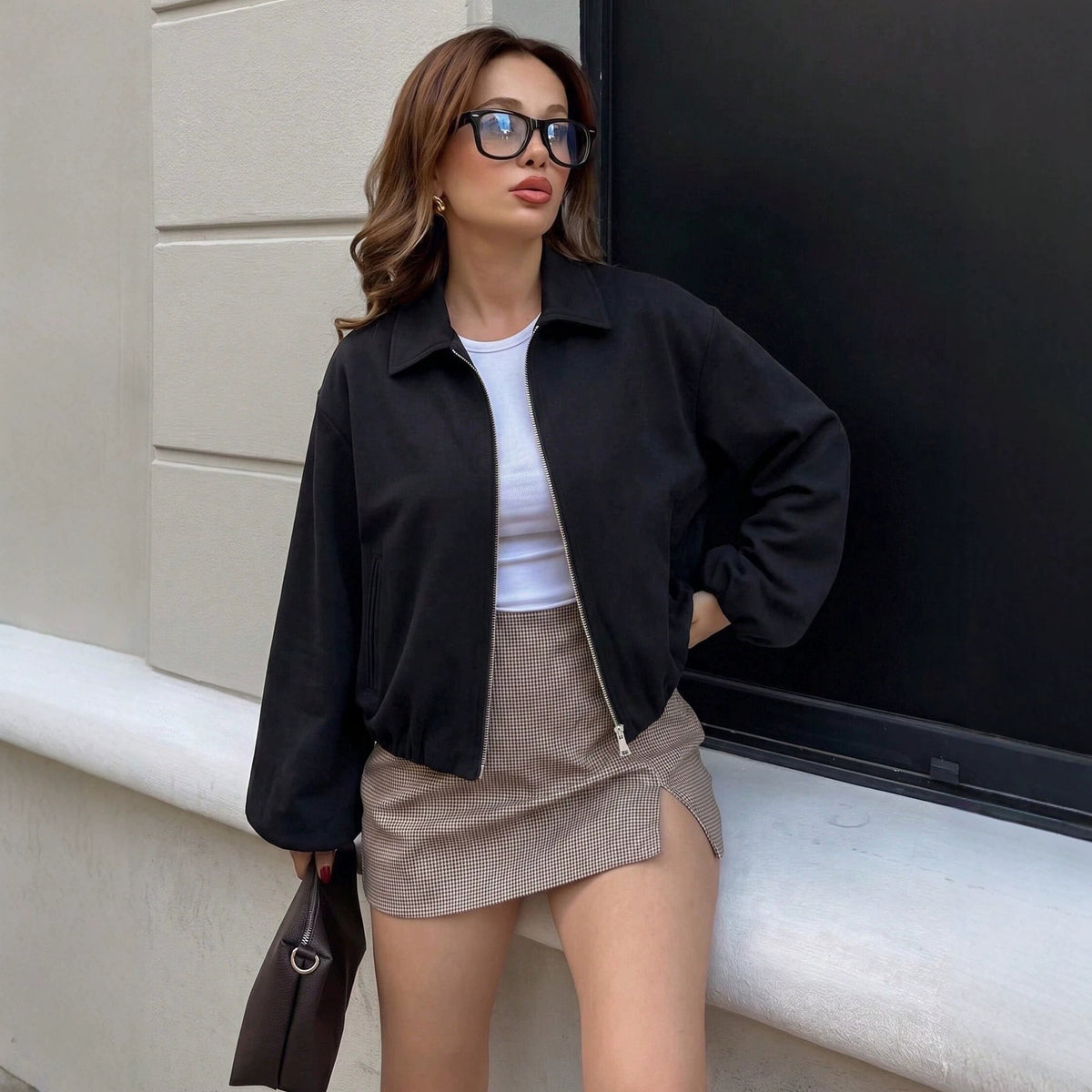 Women’s short bomber jacket with zipper, elastic hem, and soft finish Fashion Glam