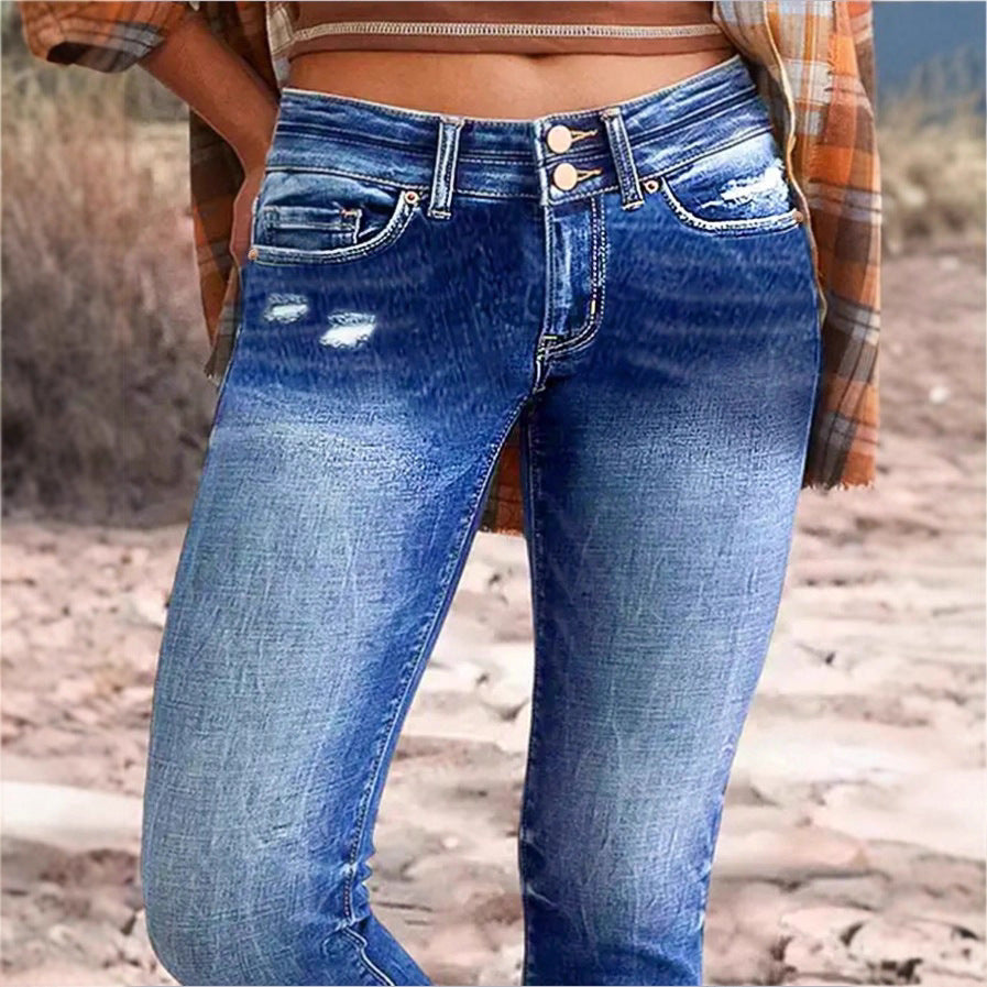 Women's high-waisted Slim-Cropped Jeans with raw hem, Used-Wash and elastic comfort waistband Fashion Glam