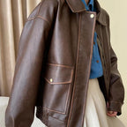 Women's Boxy Faux Leather Pilot Jacket with Flap Pockets and Elastic Hem Fashion Glam
