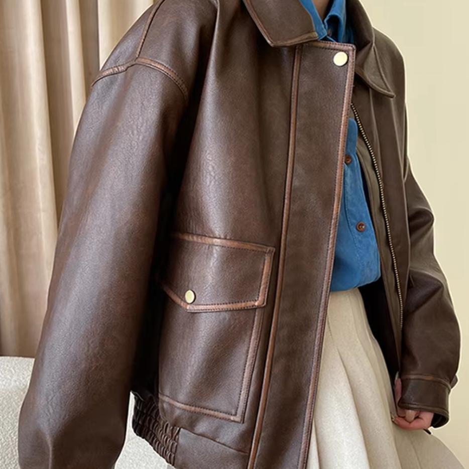 Women's Boxy Faux Leather Pilot Jacket with Flap Pockets and Elastic Hem Fashion Glam