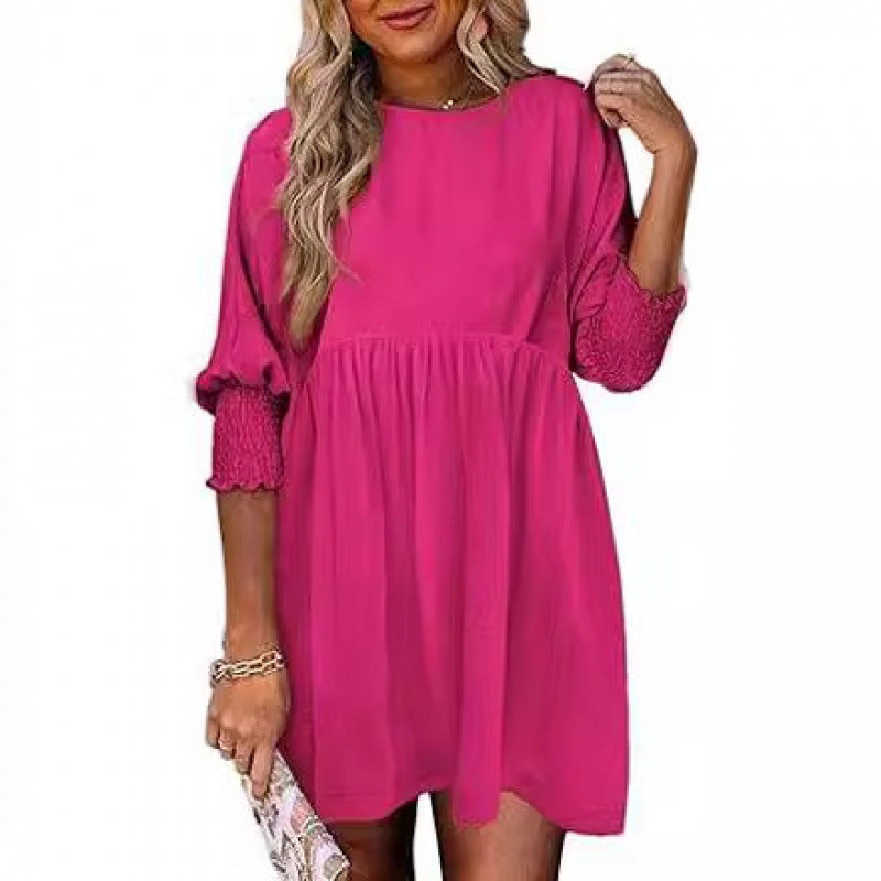 Women's Loose Babydoll Dress with Balloon Sleeves and Gathered Waist Fashion Glam