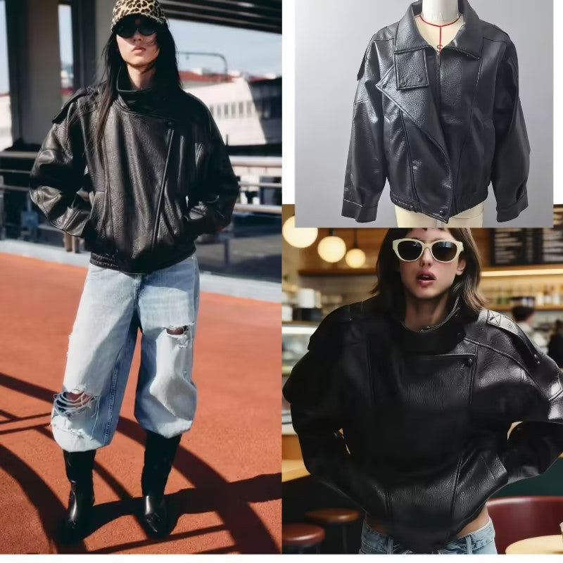 Women Oversized Faux Leather Biker Jacket with Asymmetric Lapel, Stand Collar, and Waist Drawstring Fashion Glam