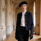 Women’s short military-style jacket with stand-up collar, decorative cord trimming, and decorative buttons Fashion Glam