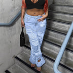 Women Stark ripped Wide-Leg Denim Jeans with fringe details Fashion Glam