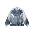 Unisex Boxy Jeans Jacket in Patchwork Look with Stand-Up Collar and Zipper Fashion Glam