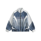 Unisex Boxy Jeans Jacket in Patchwork Look with Stand-Up Collar and Zipper Fashion Glam