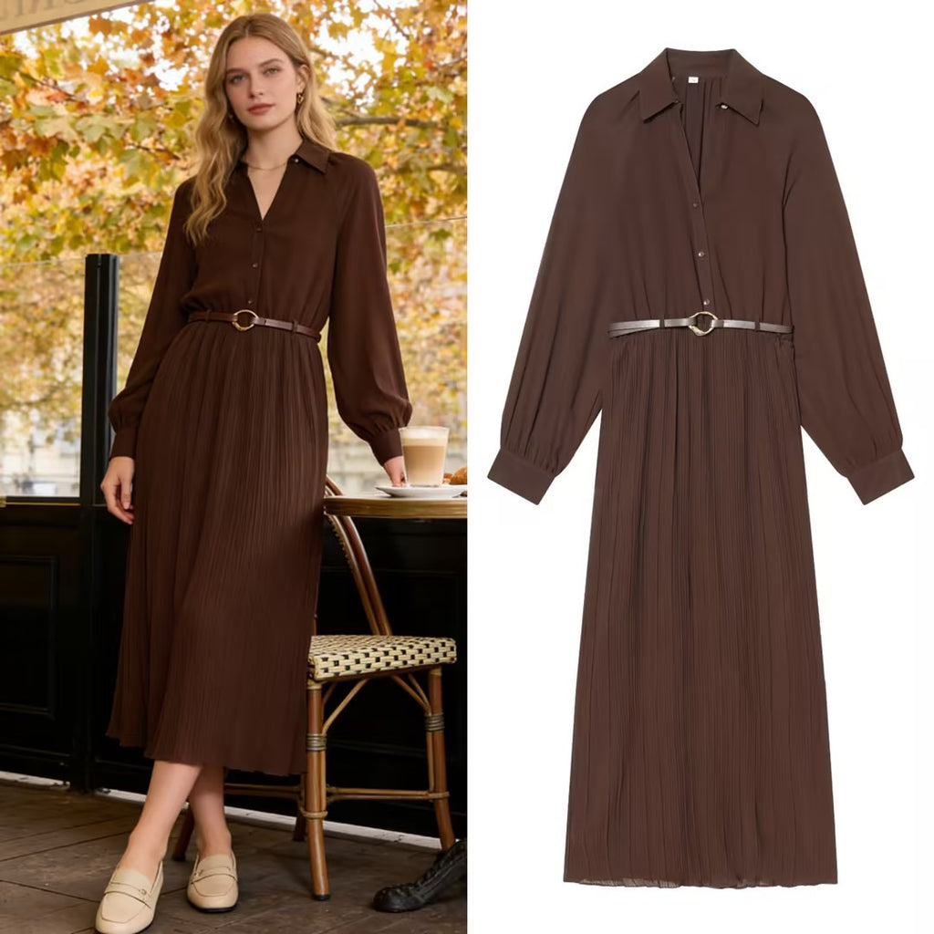 Women Pleated Shirt Dress with Balloon Sleeves, Concealed Button Placket, and Waist Belt Fashion Glam