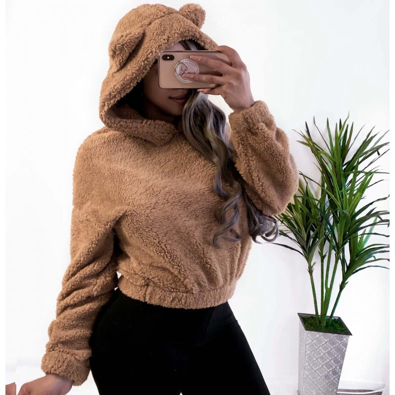 Women's Short Hooded Sherpa Pullover with Kangaroo Pocket and Elastic Hem Fashion Glam