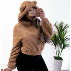 Women's Short Hooded Sherpa Pullover with Kangaroo Pocket and Elastic Hem Fashion Glam