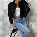 Women short-cut fitted denim jacket with full button placket and shirt collar Fashion Glam