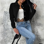 Women short-cut fitted denim jacket with full button placket and shirt collar Fashion Glam