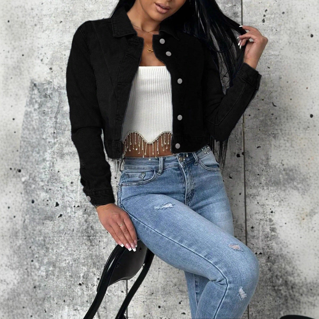 Women short-cut fitted denim jacket with full button placket and shirt collar Fashion Glam