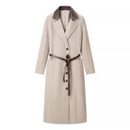 Women's Tailored Wool Blend Coat with Herringbone Structure, Contrasting Leather Collar and Tie Belt Fashion Glam
