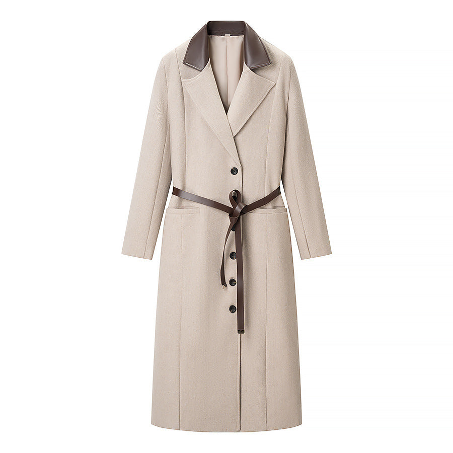 Women's Tailored Wool Blend Coat with Herringbone Structure, Contrasting Leather Collar and Tie Belt Fashion Glam
