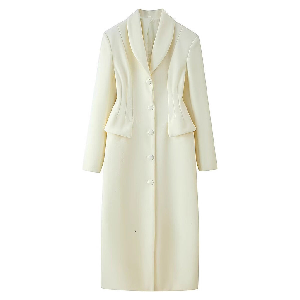 Women's tailored long coat with shawl collar and peplum waist Fashion Glam