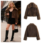 Women's Short Faux Fur Jacket with Voluminous Shawl Collar and Patch Pockets Fashion Glam