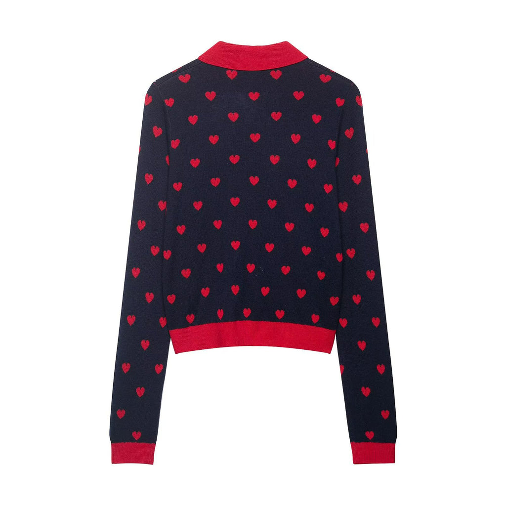 Women Short-Cut Cardigan with Shirt Collar, Heart Jacquard and Button Placket Fashion Glam