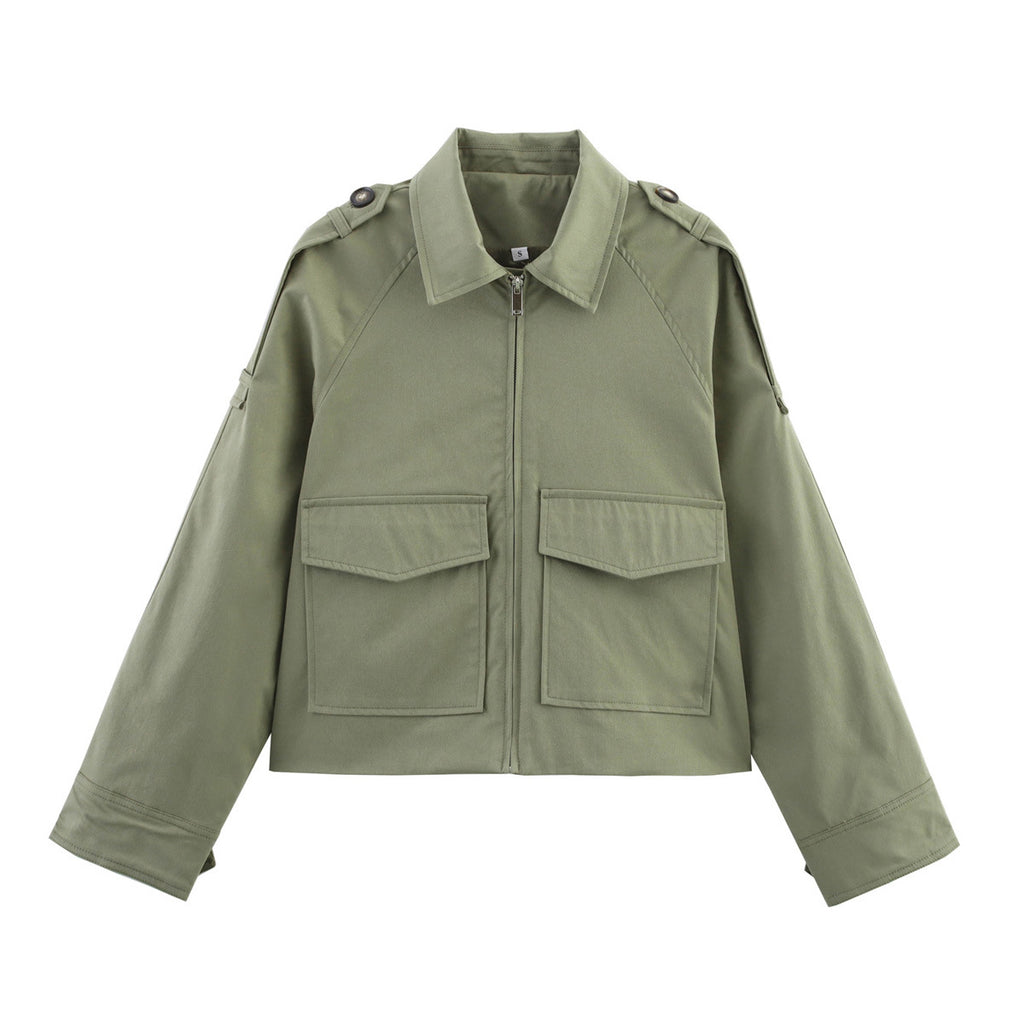 Women's Short Cut Utility Jacket in Military Look with Flap Pockets, Epaulettes and Zipper Fashion Glam