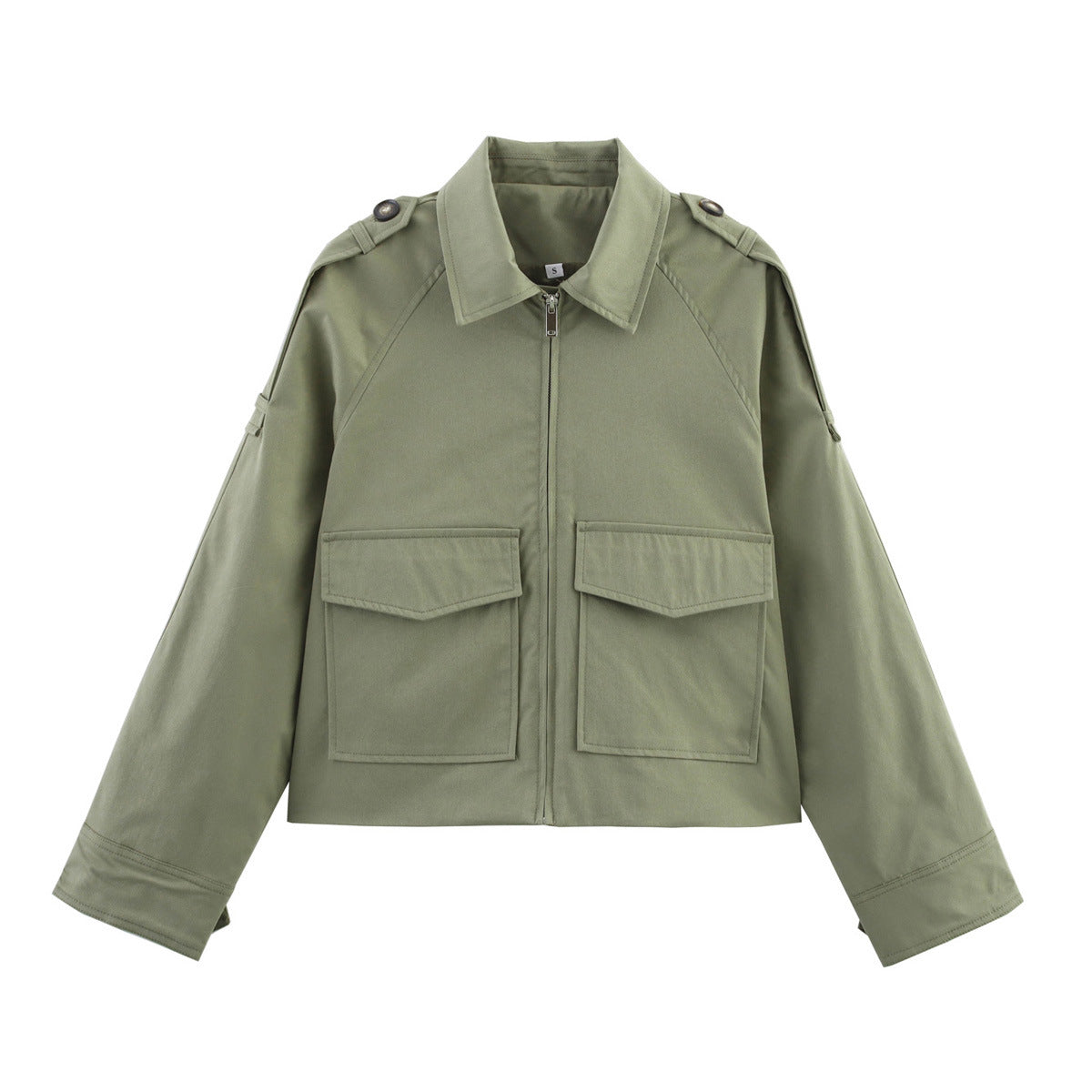 Women's Short Cut Utility Jacket in Military Look with Flap Pockets, Epaulettes and Zipper Fashion Glam