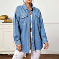 Women's Longline Denim Shirt Jacket Oversized with Flap Pockets Fashion Glam
