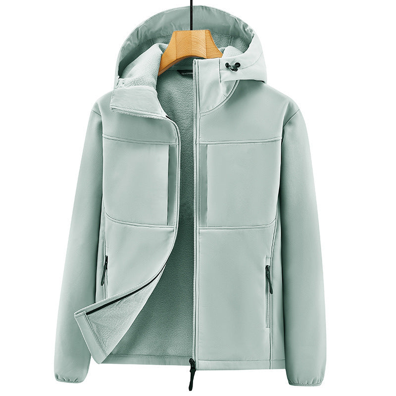 Men's Thermo Softshell Jacket with Sherpa Lining, Hood and Concealed Zipper Pockets Fashion Glam