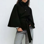 Women's Short Cape Coat with Stand-Up Collar, Oversized Sleeves and Tie Belt Fashion Glam