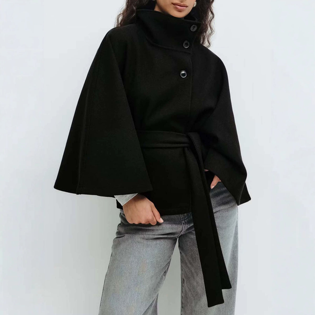 Women's Short Cape Coat with Stand-Up Collar, Oversized Sleeves and Tie Belt Fashion Glam