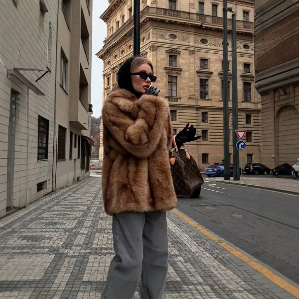 Women's Short Boxy Faux Fur Coat with Wide Shawl Collar and Luxurious High-Pile Texture Fashion Glam