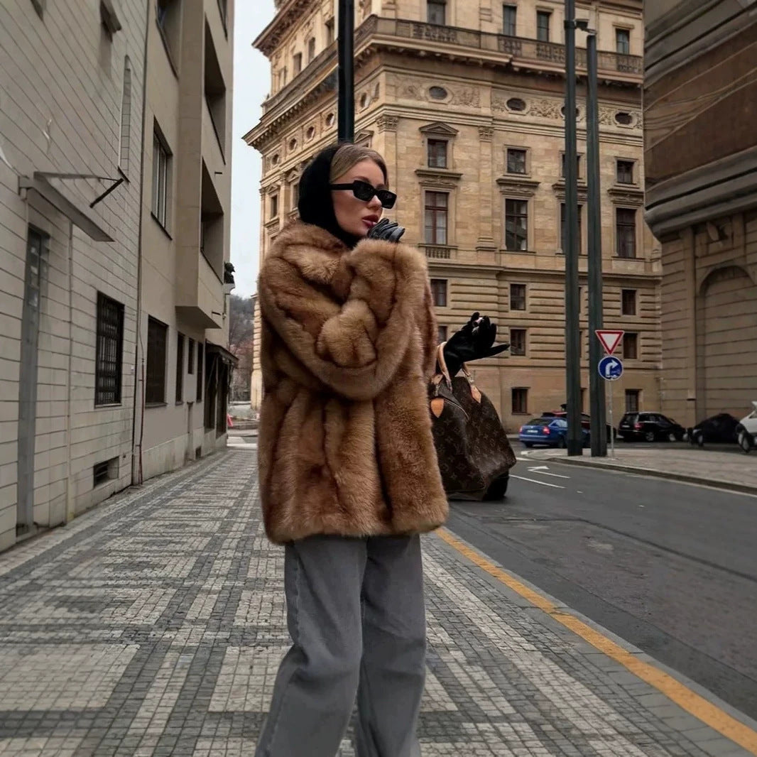 Women's Short Boxy Faux Fur Coat with Wide Shawl Collar and Luxurious High-Pile Texture Fashion Glam