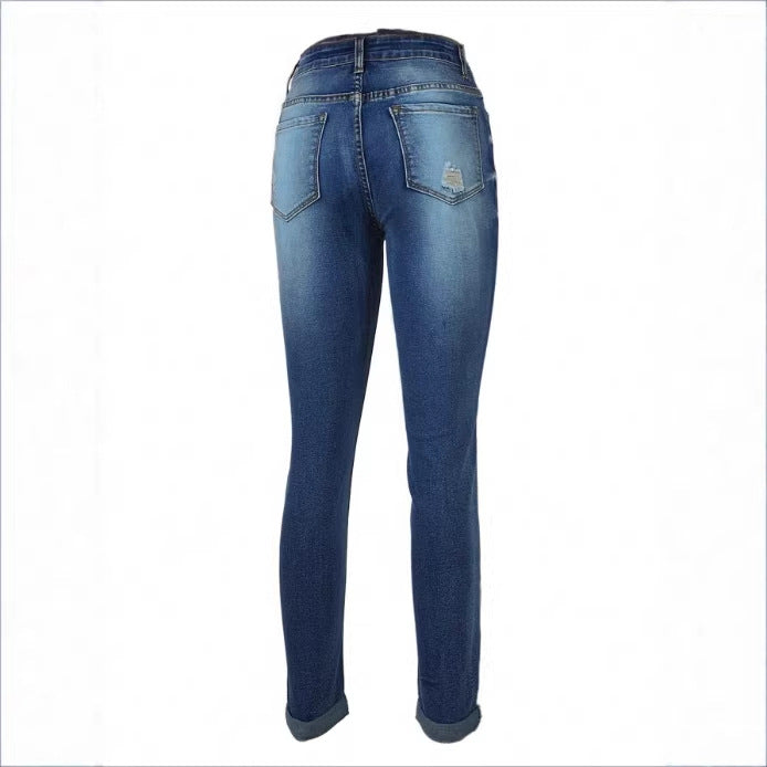 Women's Cropped Slim-Fit Denim Pants with mid-rise waist, cuffed hem and subtle used look Fashion Glam