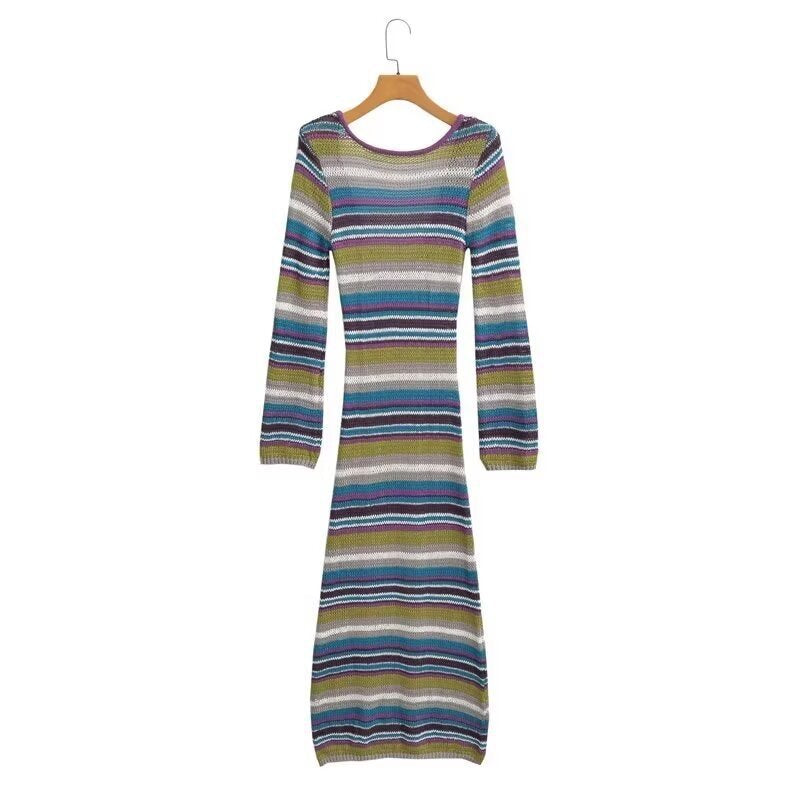 Women's Fitted Fine Knit Midi Dress with Striped Pattern and Round Neckline Fashion Glam