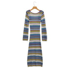 Women's Fitted Fine Knit Midi Dress with Striped Pattern and Round Neckline Fashion Glam