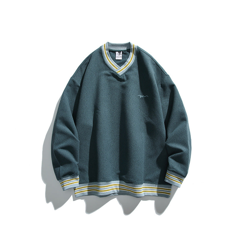 Men's Oversized V-Neck Sweatshirt with Contrast Stripes at Cuffs and Hem Fashion Glam