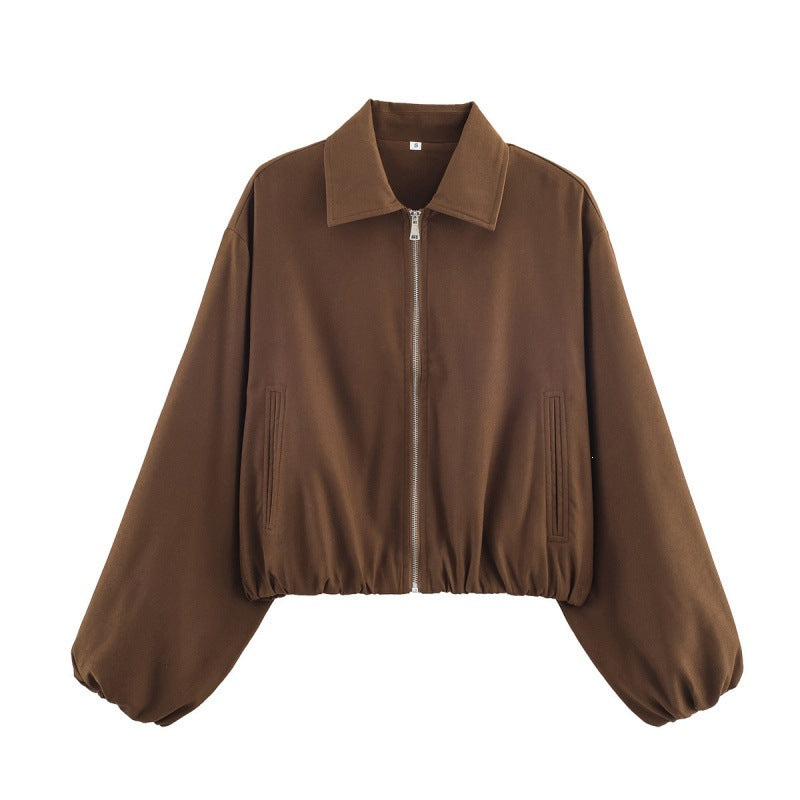 Women Polka Dot Cropped Bomber Jacket in Retro Look with Shirt Collar and Elastic Hem Fashion Glam