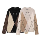 Women Chunky Knit Argyle Sweater with Oversized Cut and Ribbed Collar Fashion Glam