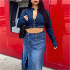 Women's Cropped Denim Hoodie with Zipper and High-Waist Midi Skirt with Front Slit Fashion Glam