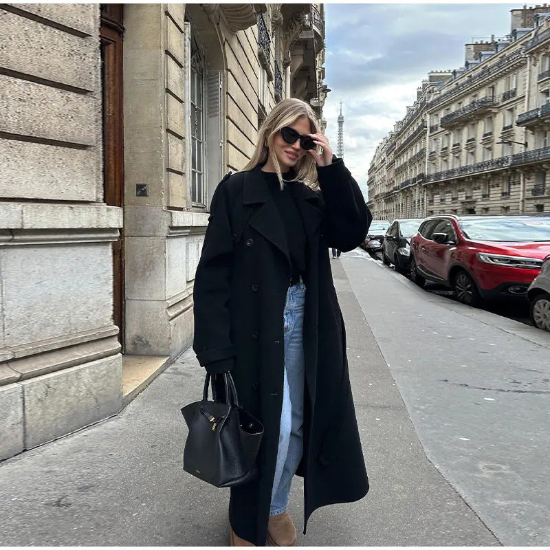Women's oversized wool coat with wide lapels and tie belt Fashion Glam