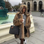 Women's Luxury Faux Fur Coat with A-Line Cut, Hood, and Microfiber Lining Fashion Glam