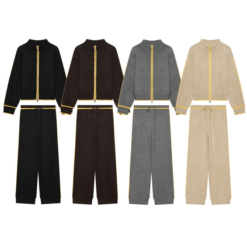 Women Two-Piece Knit Loungewear Set with Short Zip Cardigan and High Waist Palazzo Pants Fashion Glam