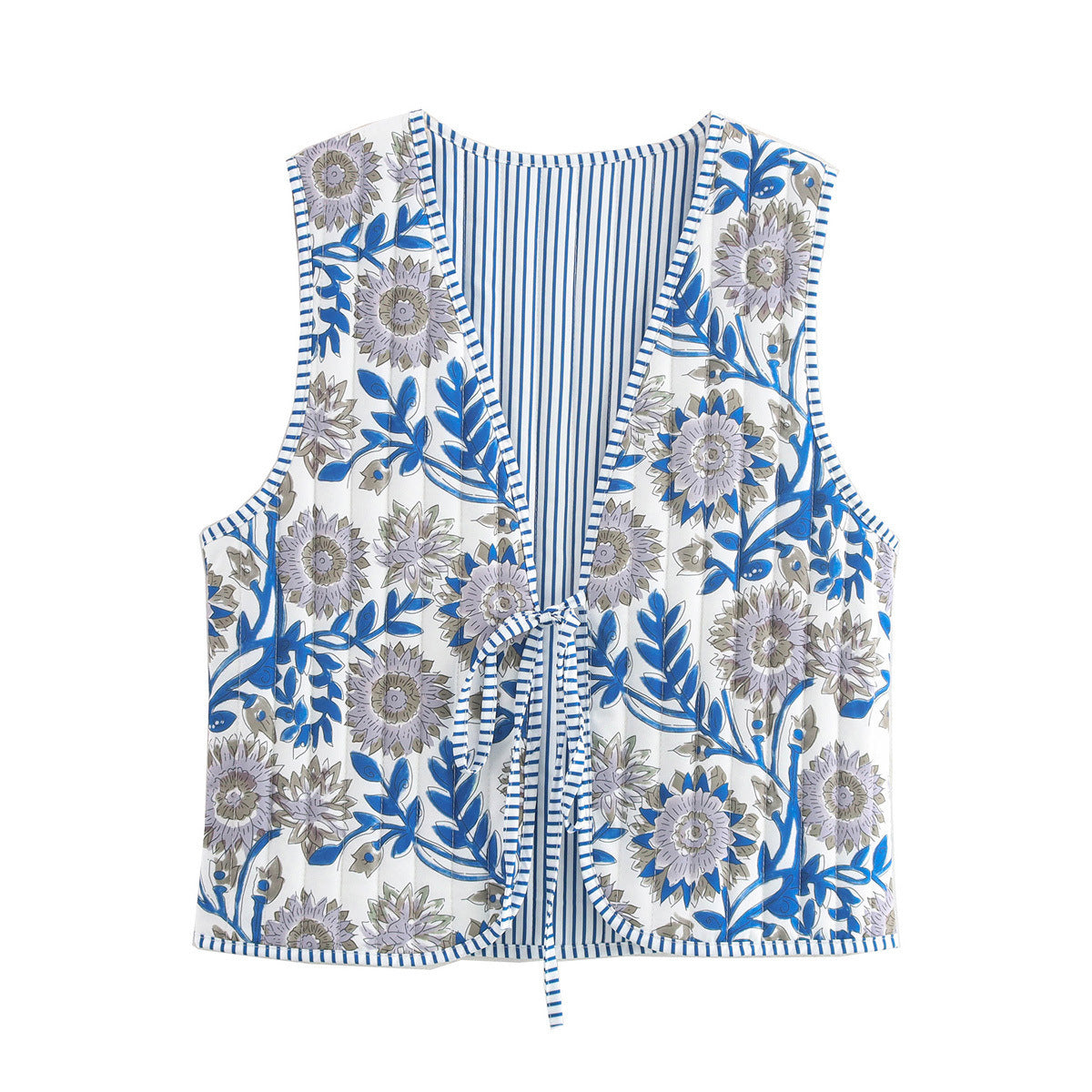 Women Quilted Vest with Romantic Toile Print, Striped Interior and Tie Ribbon Fashion Glam
